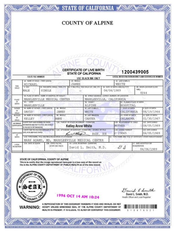 USA State of California Birth Certificate Template