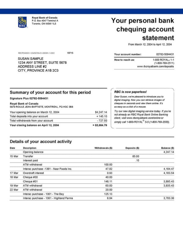 Royal Bank of Canada Statement Template