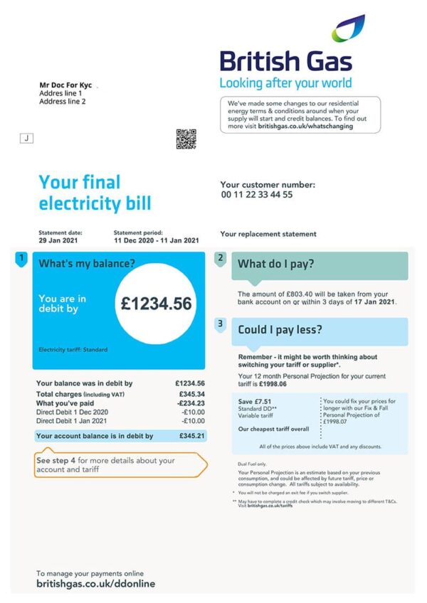 Editable UK Utility Bill Template (British Gas)